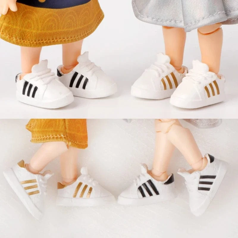 2 Stück gestreifte Sneaker-Puppenschuhe im Maßstab 1:12 (OB11), klassische Schuhe, passend für OB11 1/12 BJD Puppen mit abnehmbaren Ärmeln, GSC DOD, YMY Puppenzubehör