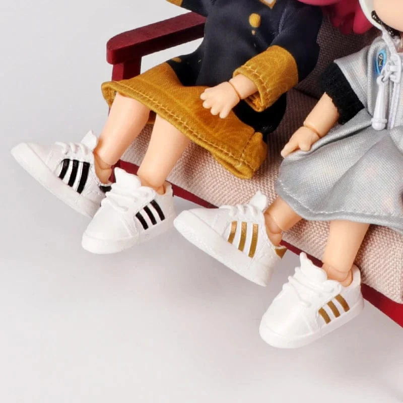 2 Stück gestreifte Sneaker-Puppenschuhe im Maßstab 1:12 (OB11), klassische Schuhe, passend für OB11 1/12 BJD Puppen mit abnehmbaren Ärmeln, GSC DOD, YMY Puppenzubehör