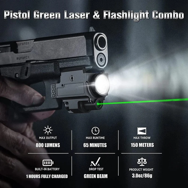 800 Lumen Waffengewehrlicht Rot Grün Laservisier Pistolenlicht Rot Grün Punktvisier Combo Wiederaufladbare Taschenlampe für Picatinny