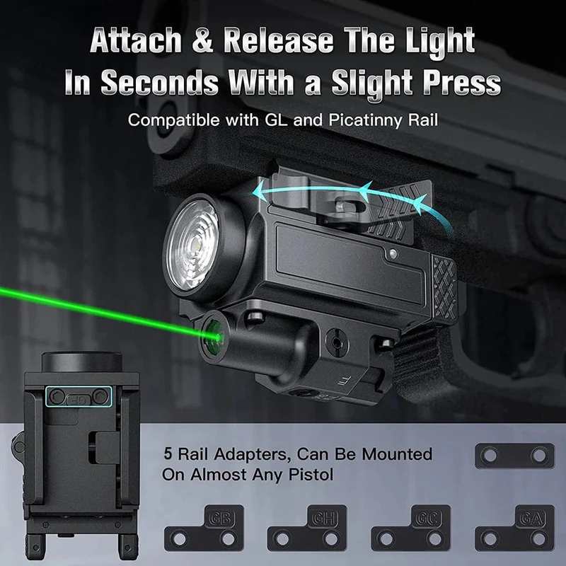 800 Lumen Waffengewehrlicht Rot Grün Laservisier Pistolenlicht Rot Grün Punktvisier Combo Wiederaufladbare Taschenlampe für Picatinny