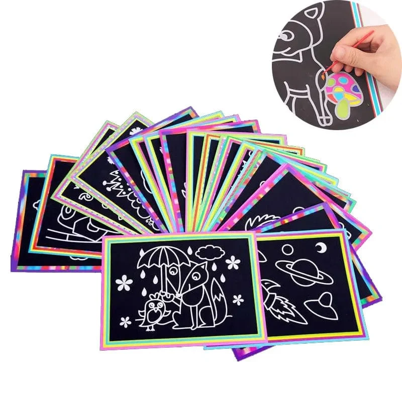 10 Stück 13 x 9.8 cm Kratzbildpapier, magisches Malpapier mit Zeichenstift für Kinderspielzeug, buntes Zeichenspielzeug