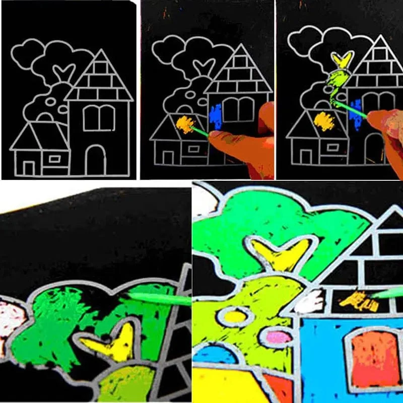 10 Stück 13 x 9.8 cm Kratzbildpapier, magisches Malpapier mit Zeichenstift für Kinderspielzeug, buntes Zeichenspielzeug