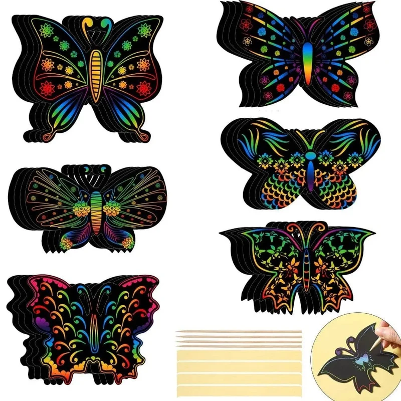 6/12-teiliges Set Magic Scratch Art Butterfly Scratch Zeichenpapier Lesezeichen Malbuch für Kinder Kreative Kartenaufkleber Lernspielzeug