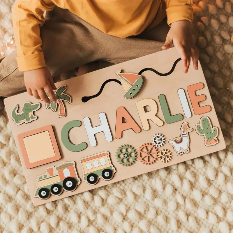 Holz-Namenspuzzle, personalisierbar, individuell für Baby, Spielbrett, 3-D-Puzzle, pädagogische Form, passendes Entwicklungsspielzeug