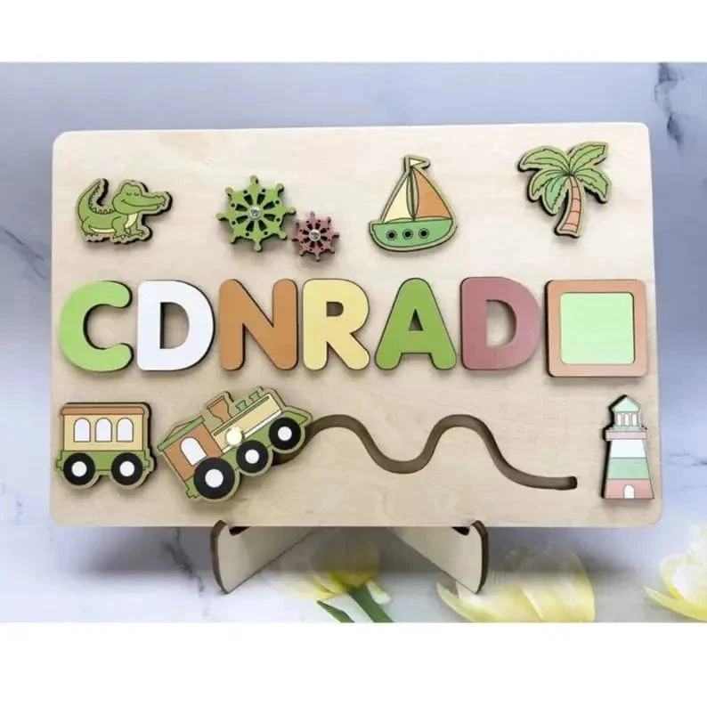 Holz-Namenspuzzle, personalisierbar, individuell für Baby, Spielbrett, 3-D-Puzzle, pädagogische Form, passendes Entwicklungsspielzeug