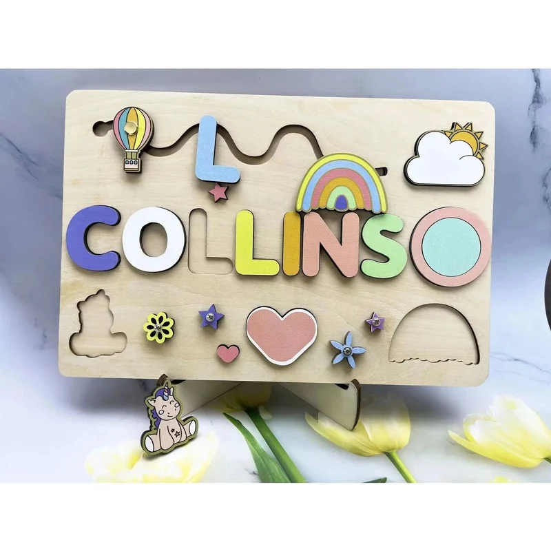 Holz-Namenspuzzle, personalisierbar, individuell für Baby, Spielbrett, 3-D-Puzzle, pädagogische Form, passendes Entwicklungsspielzeug