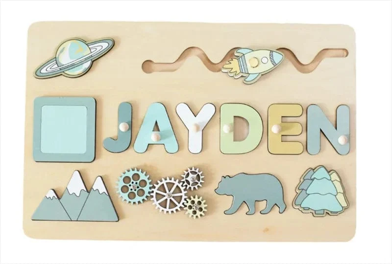 Holz-Namenspuzzle, personalisierbar, individuell für Baby, Spielbrett, 3-D-Puzzle, pädagogische Form, passendes Entwicklungsspielzeug