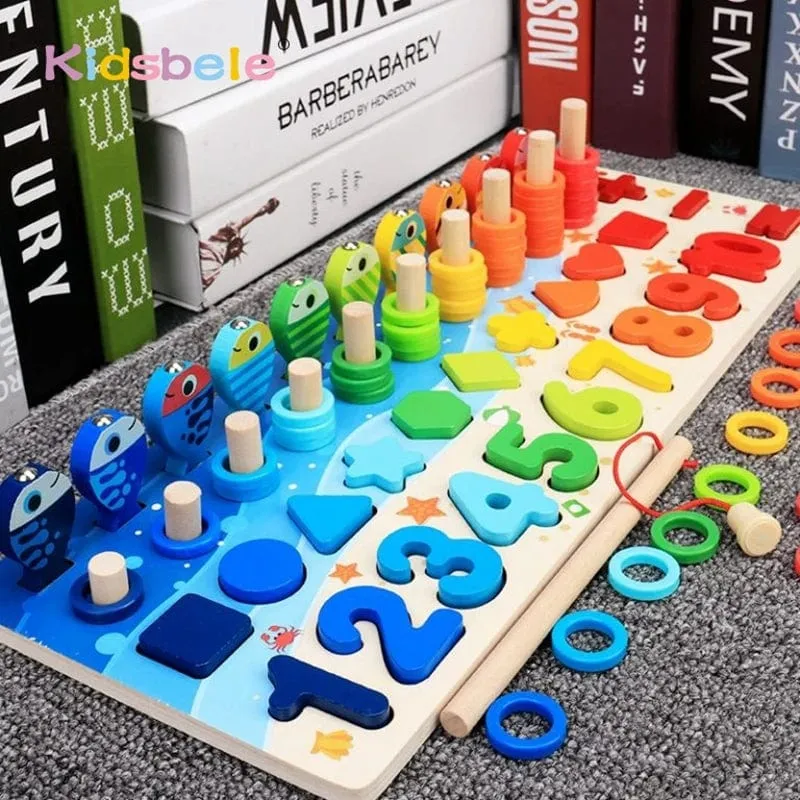 Kinder Montessori Mathe-Spielzeug für Kleinkinder, pädagogisches Holzpuzzle, Angelspielzeug, Zählen, Zahlen, Formen, passende Sortierspiele, Brettspielzeug