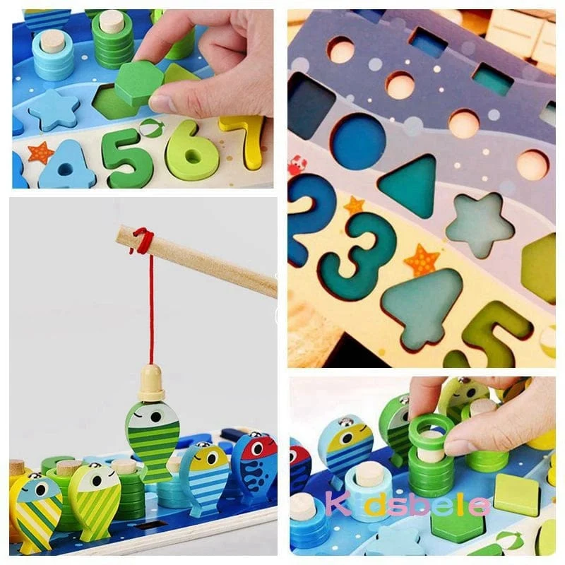 Kinder Montessori Mathe-Spielzeug für Kleinkinder, pädagogisches Holzpuzzle, Angelspielzeug, Zählen, Zahlen, Formen, passende Sortierspiele, Brettspielzeug