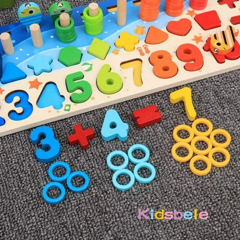 Kinder Montessori Mathe-Spielzeug für Kleinkinder, pädagogisches Holzpuzzle, Angelspielzeug, Zählen, Zahlen, Formen, passende Sortierspiele, Brettspielzeug