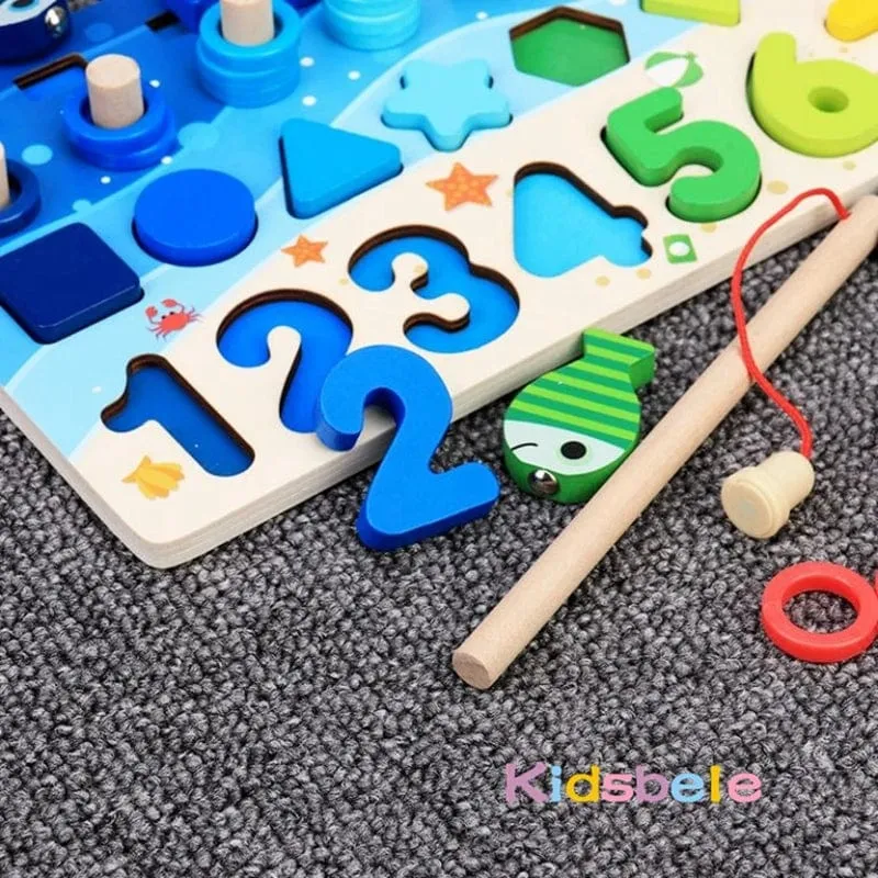 Kinder Montessori Mathe-Spielzeug für Kleinkinder, pädagogisches Holzpuzzle, Angelspielzeug, Zählen, Zahlen, Formen, passende Sortierspiele, Brettspielzeug