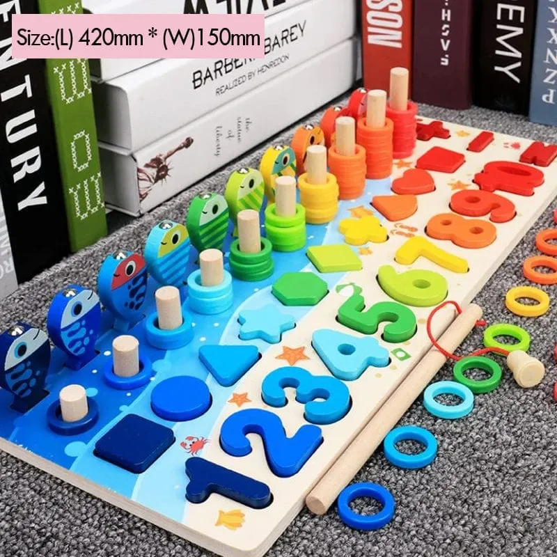 Kinder Montessori Mathe-Spielzeug für Kleinkinder, pädagogisches Holzpuzzle, Angelspielzeug, Zählen, Zahlen, Formen, passende Sortierspiele, Brettspielzeug