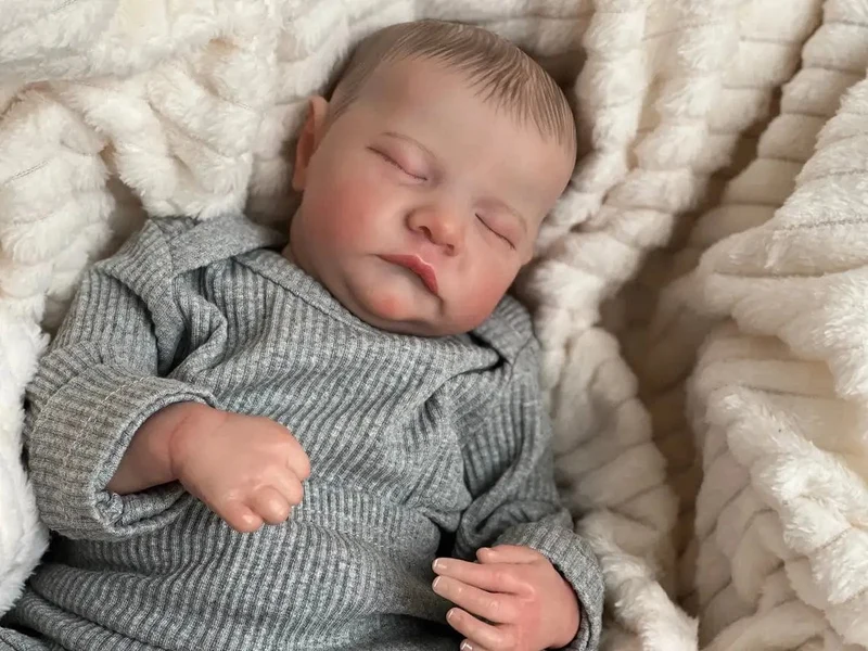 NPK 49 cm Levi Neugeborene Babypuppe Reborn Schlafendes weiches Silikon Flexibler 3D-Hautton mit sichtbaren Adern Handbemalte Haarpuppe