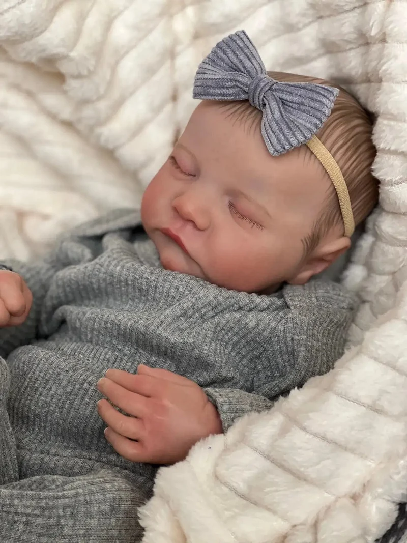 NPK 49 cm Levi Neugeborene Babypuppe Reborn Schlafendes weiches Silikon Flexibler 3D-Hautton mit sichtbaren Adern Handbemalte Haarpuppe
