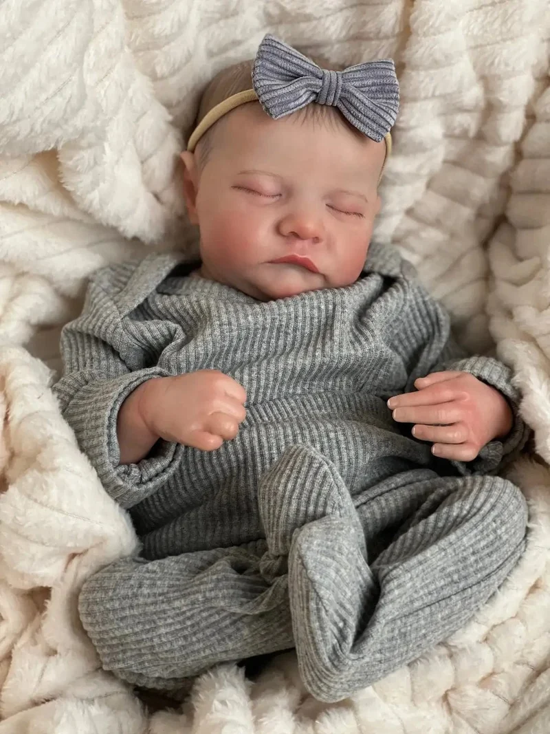 NPK 49 cm Levi Neugeborene Babypuppe Reborn Schlafendes weiches Silikon Flexibler 3D-Hautton mit sichtbaren Adern Handbemalte Haarpuppe