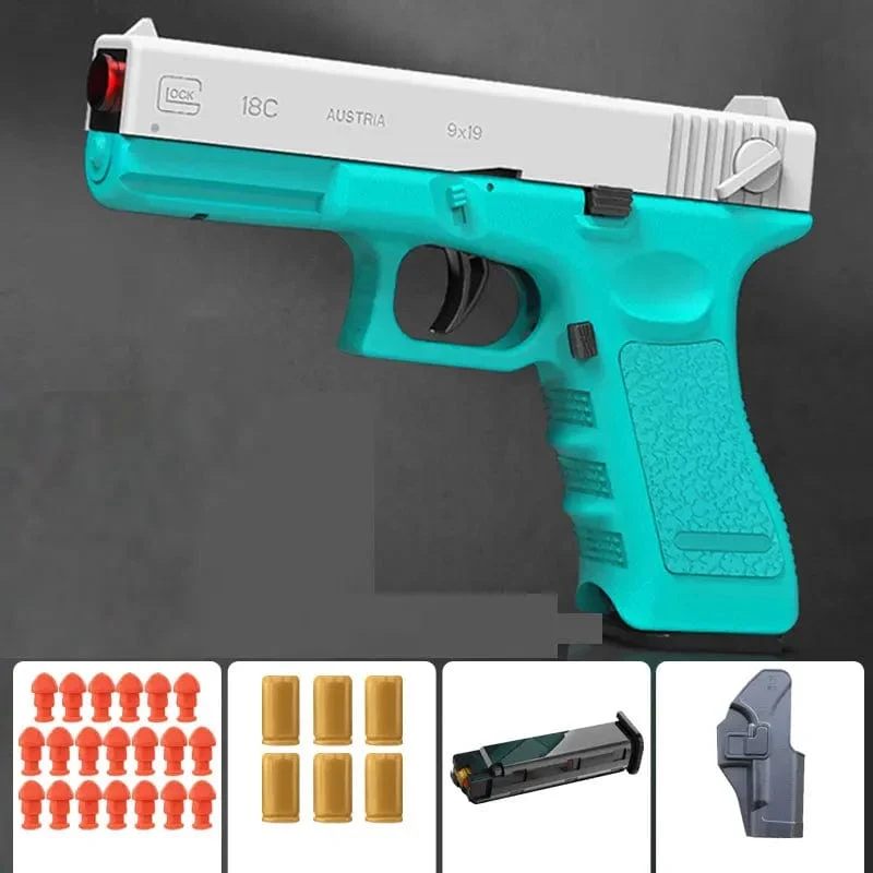Neue schwarze Spielzeugpistole. Luftpistole mit automatischem Patronenauswurf und weichen Kugeln, Maschine zum Aufhängen von leeren Patronen, automatisches Laden