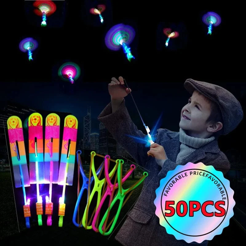 Neue 50/30/10/5/1 Stück Erstaunliche Licht Spielzeug Pfeil Rakete Hubschrauber Fliegen Spielzeug LED Licht Spielzeug Party Spaß Geschenke Gummiband Katapult