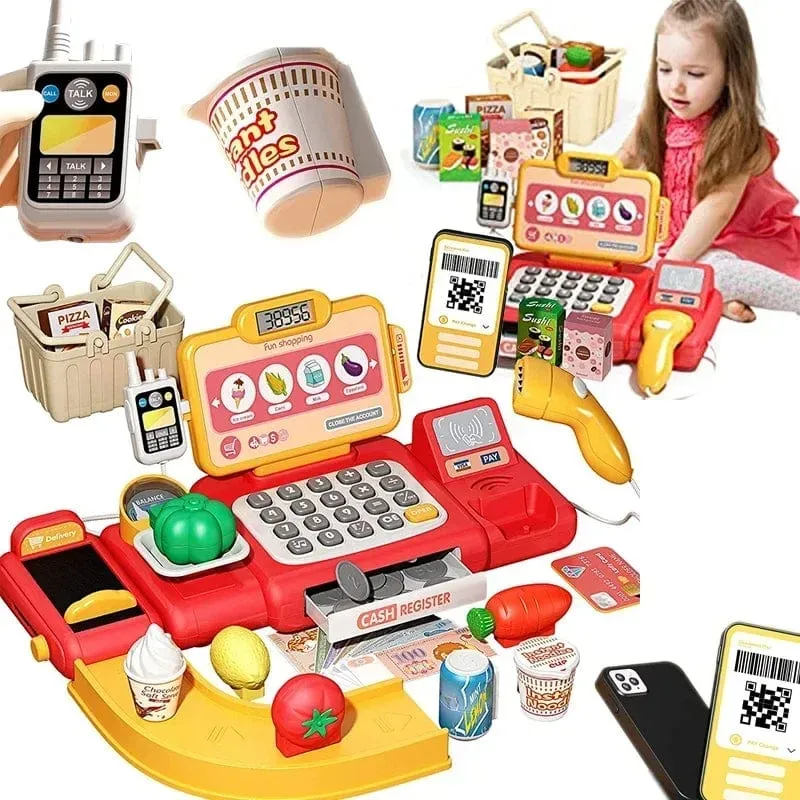 Kinder-Registrierkasse, Spielzeug, lustiger Taschenrechner, Scanner, Mikrofon, Kreditkarte, Puzzle, Waage, Sender