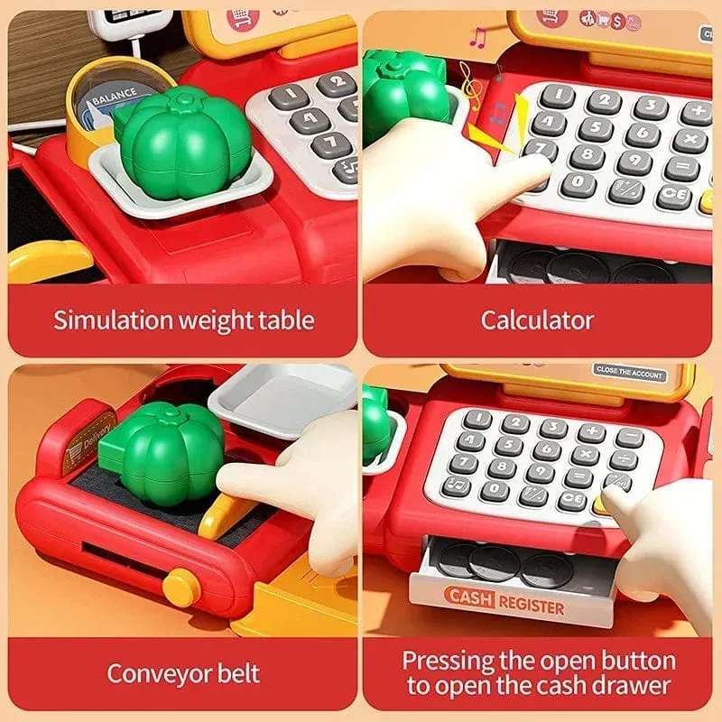 Kinder-Registrierkasse, Spielzeug, lustiger Taschenrechner, Scanner, Mikrofon, Kreditkarte, Puzzle, Waage, Sender