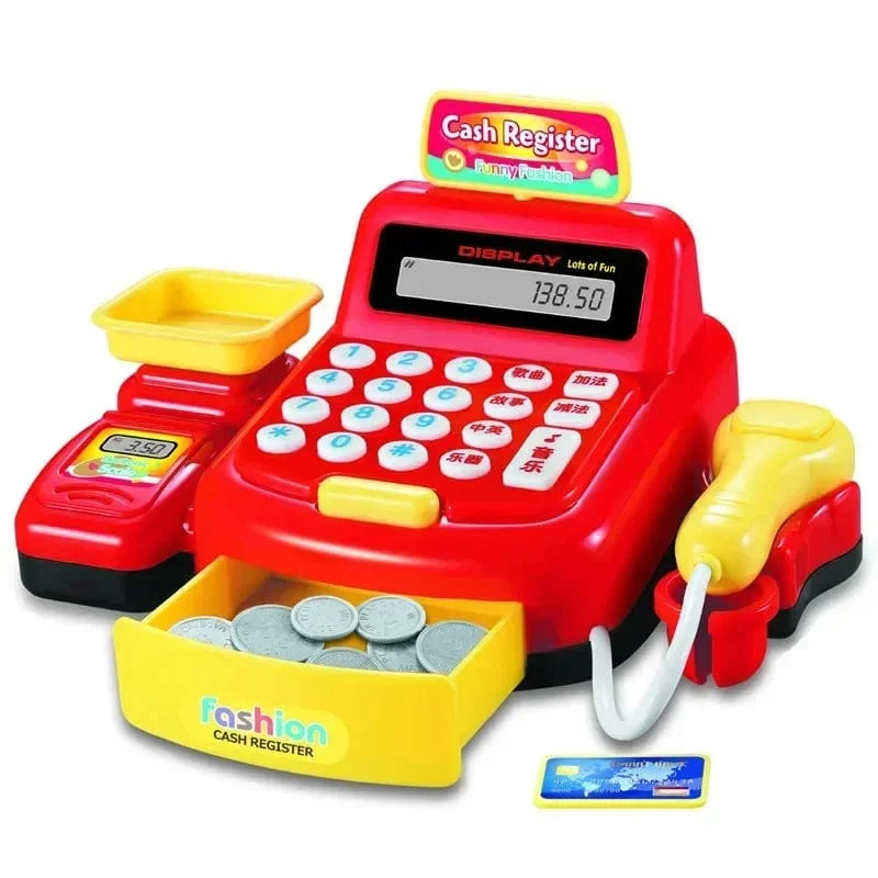 Kinder-Registrierkasse, Spielzeug, lustiger Taschenrechner, Scanner, Mikrofon, Kreditkarte, Puzzle, Waage, Sender