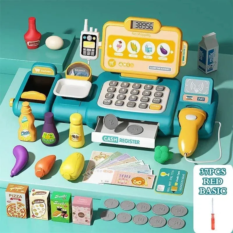 Kinder-Registrierkasse, Spielzeug, lustiger Taschenrechner, Scanner, Mikrofon, Kreditkarte, Puzzle, Waage, Sender