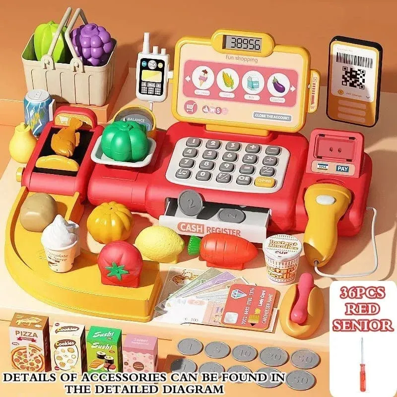 Kinder-Registrierkasse, Spielzeug, lustiger Taschenrechner, Scanner, Mikrofon, Kreditkarte, Puzzle, Waage, Sender
