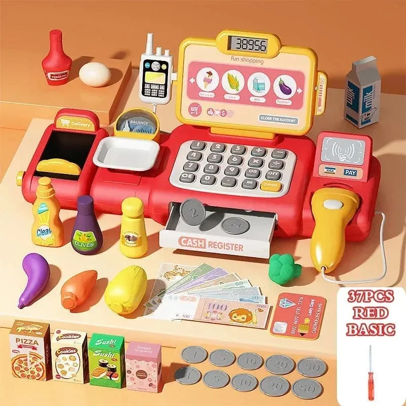 Kinder-Registrierkasse, Spielzeug, lustiger Taschenrechner, Scanner, Mikrofon, Kreditkarte, Puzzle, Waage, Sender