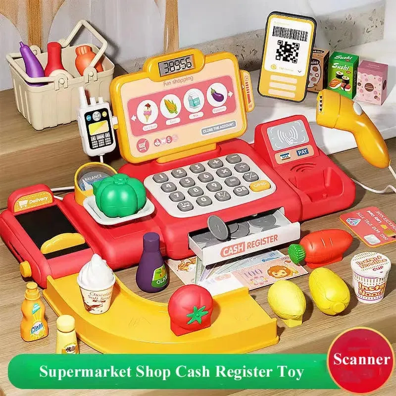 Rollenspiel-Rechner, Registrierkasse, Spielzeug, Supermarkt, Laden, Kassierer, mit Scanner, Mikrofon, Kreditkarte, Geschenke für Kinder