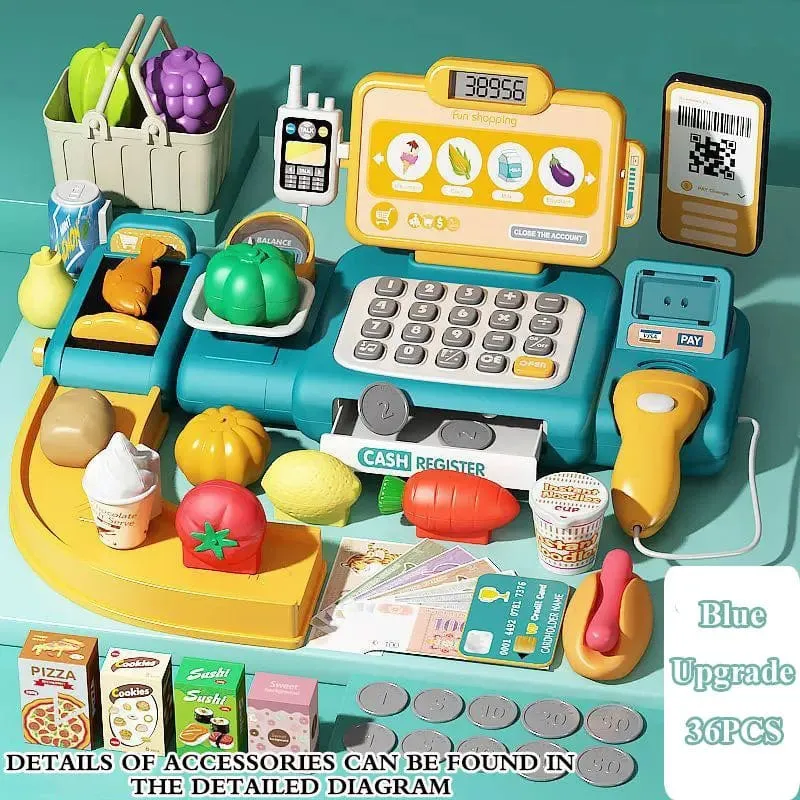 Rollenspiel-Rechner, Registrierkasse, Spielzeug, Supermarkt, Laden, Kassierer, mit Scanner, Mikrofon, Kreditkarte, Geschenke für Kinder