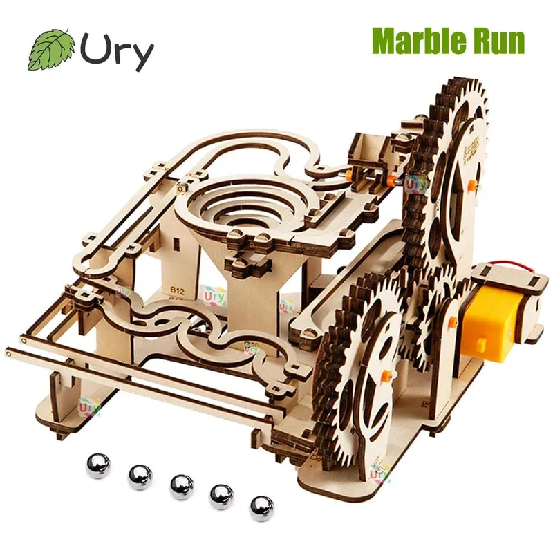 Ury 3D-Holzpuzzles, elektrisches Katapult, Schienengerät, Kugelbahn-Set, mechanisches Modell, Wissenschaftslabyrinth, 5 Kugeln, Montage, Geschenk für Kinder