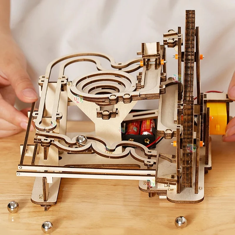 Ury 3D-Holzpuzzles, elektrisches Katapult, Schienengerät, Kugelbahn-Set, mechanisches Modell, Wissenschaftslabyrinth, 5 Kugeln, Montage, Geschenk für Kinder