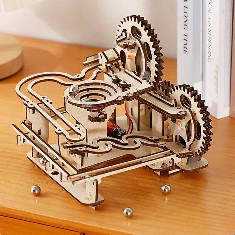 Ury 3D-Holzpuzzles, elektrisches Katapult, Schienengerät, Kugelbahn-Set, mechanisches Modell, Wissenschaftslabyrinth, 5 Kugeln, Montage, Geschenk für Kinder