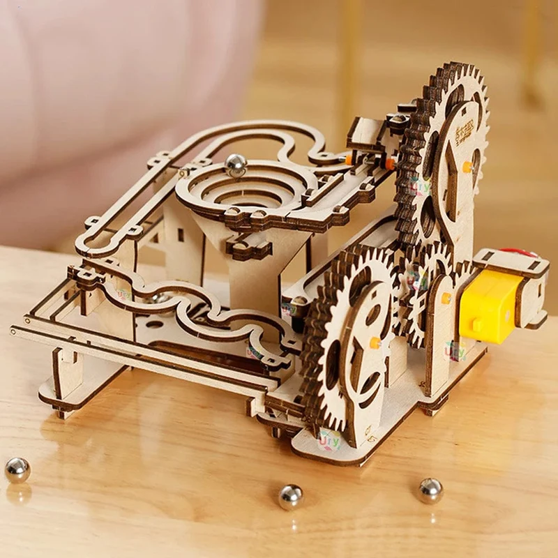 Ury 3D-Holzpuzzles, elektrisches Katapult, Schienengerät, Kugelbahn-Set, mechanisches Modell, Wissenschaftslabyrinth, 5 Kugeln, Montage, Geschenk für Kinder