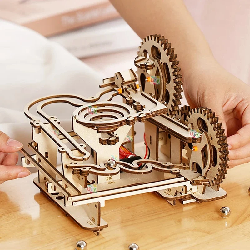 Ury 3D-Holzpuzzles, elektrisches Katapult, Schienengerät, Kugelbahn-Set, mechanisches Modell, Wissenschaftslabyrinth, 5 Kugeln, Montage, Geschenk für Kinder