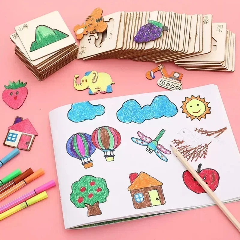 20 stücke Kinder Holz Zeichnung Spielzeug Montessori DIY Malerei Schablonen Vorlage Handwerk Spielzeug Puzzle Pädagogisches Spielzeug für Kinder Geschenke