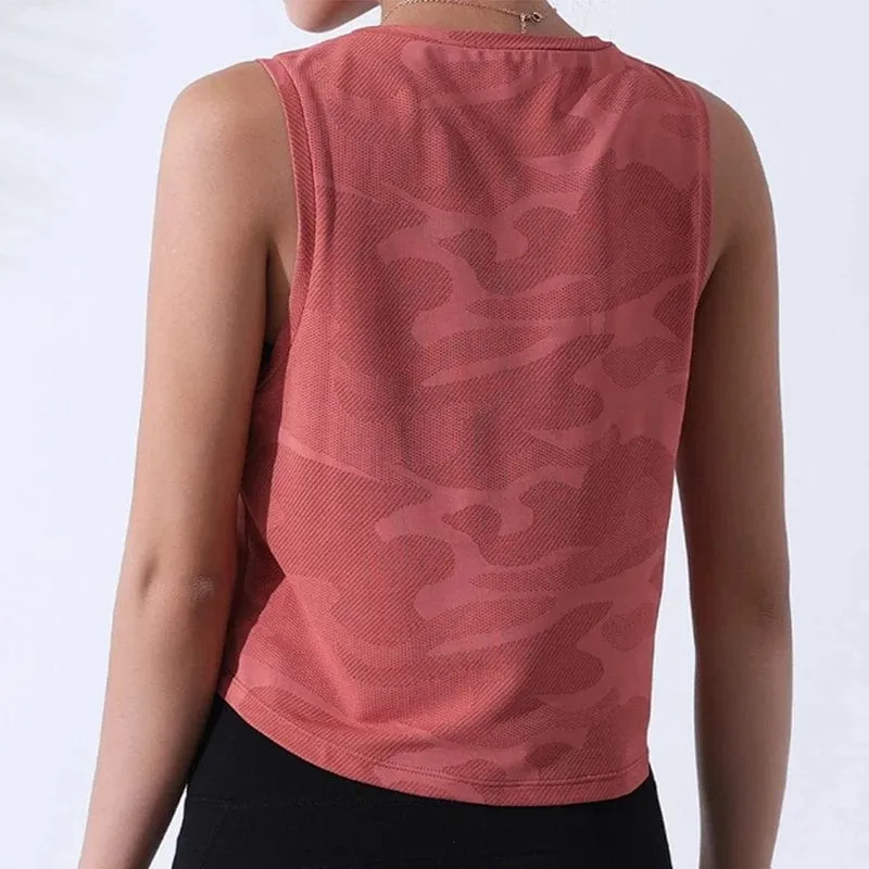 Frauen Tarnung Laufhose Weste Fitness Crop Top Ärmelloses Mesh Yoga Shirts Atmungsaktive Workout Gym Tank Tops Weibliche Sportswear