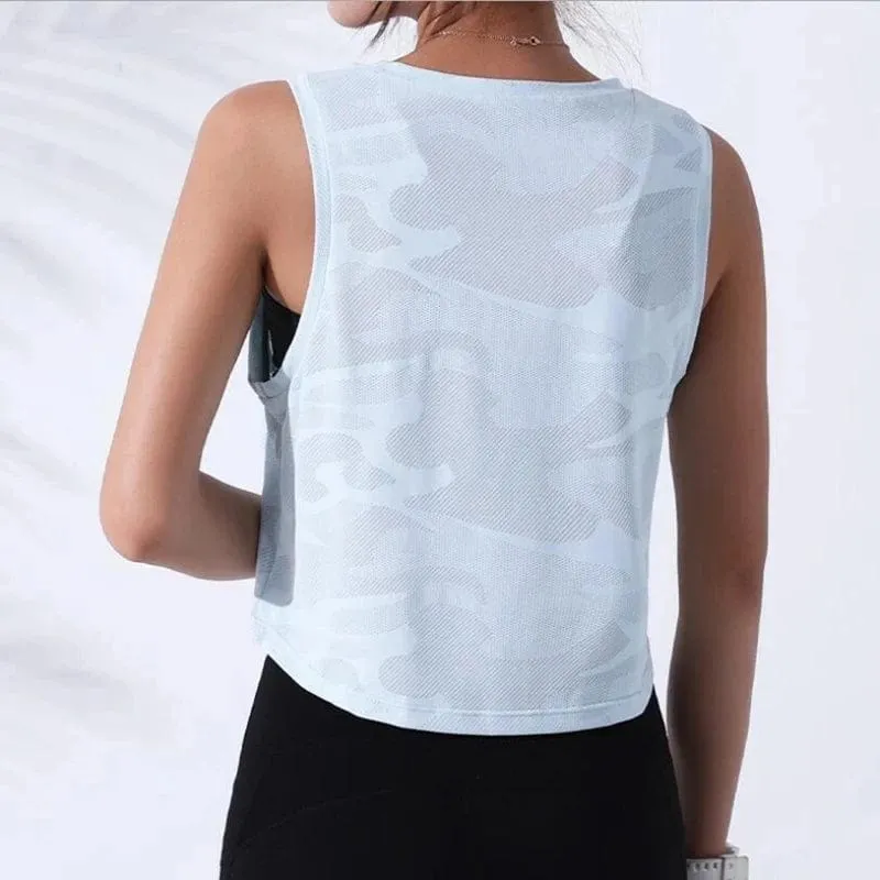 Frauen Tarnung Laufhose Weste Fitness Crop Top Ärmelloses Mesh Yoga Shirts Atmungsaktive Workout Gym Tank Tops Weibliche Sportswear