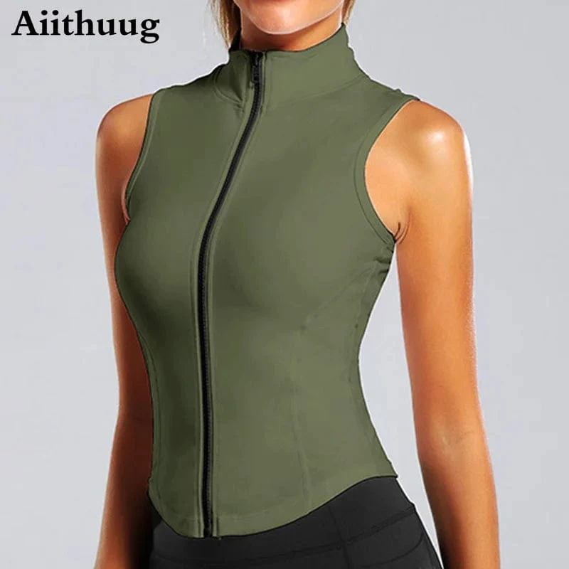 Aiithuug Athletic Zip Up Sweat Weste Jacke ärmellos Laufen Yoga Tops Stehkragen Shirts Sport Top Fitness Damen Workout Tops