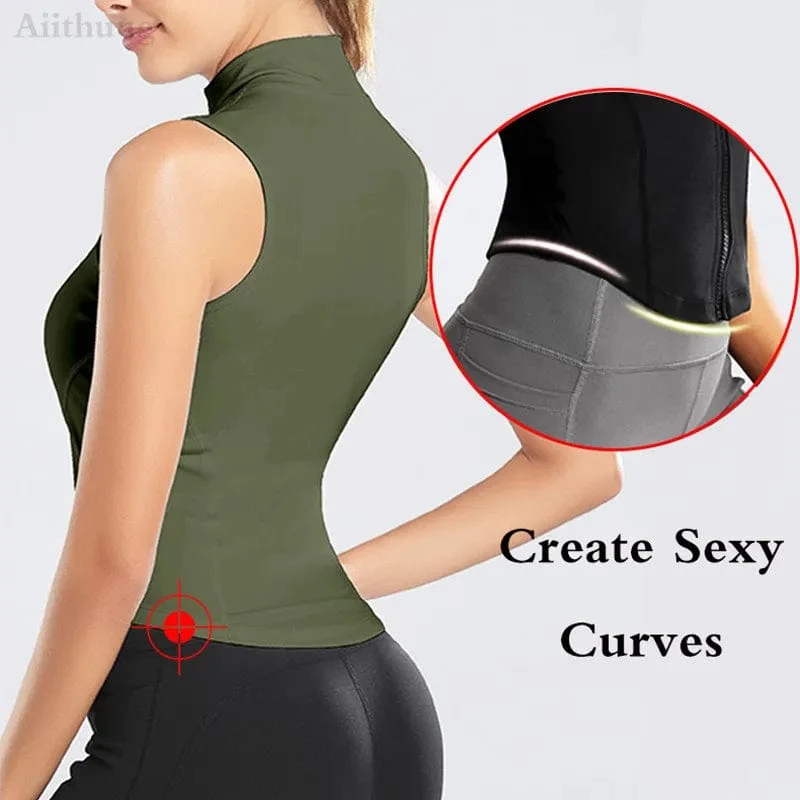 Aiithuug Athletic Zip Up Sweat Weste Jacke ärmellos Laufen Yoga Tops Stehkragen Shirts Sport Top Fitness Damen Workout Tops