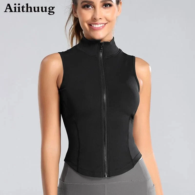 Aiithuug Athletic Zip Up Sweat Weste Jacke ärmellos Laufen Yoga Tops Stehkragen Shirts Sport Top Fitness Damen Workout Tops