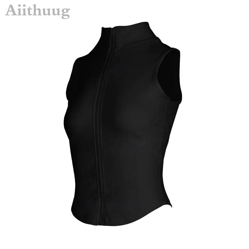 Aiithuug Athletic Zip Up Sweat Weste Jacke ärmellos Laufen Yoga Tops Stehkragen Shirts Sport Top Fitness Damen Workout Tops