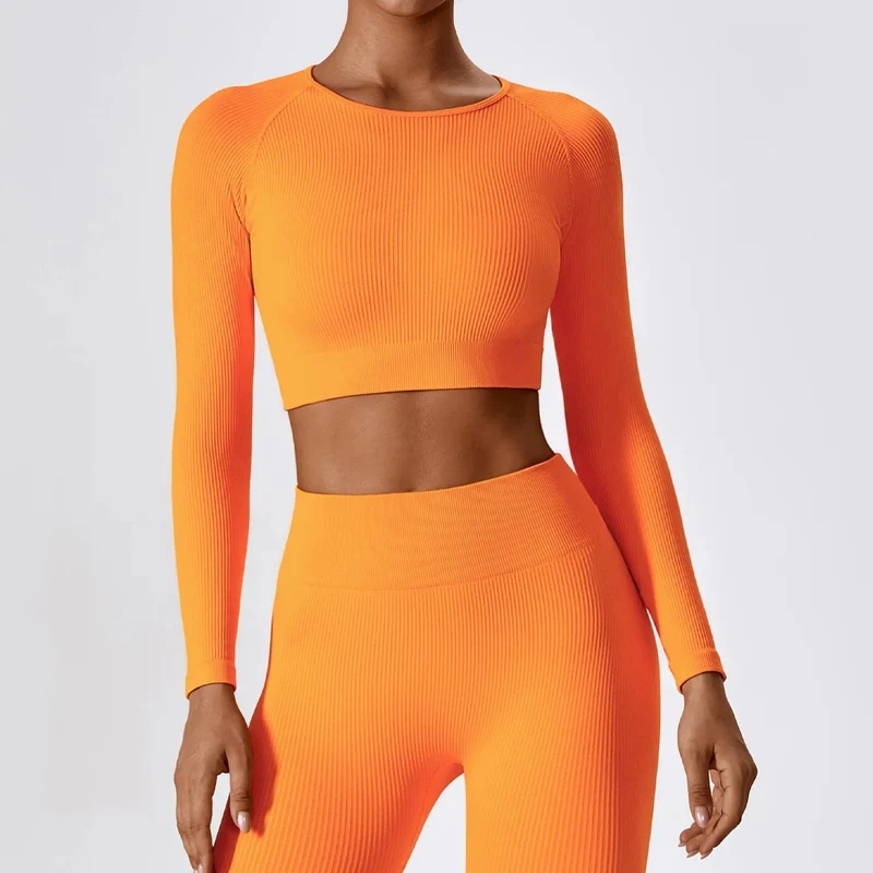 Langarm-Top für Damen, gerippt, Yoga-Shirts, Lauf-T-Shirt, Workout, Laufen, Fitness, Fitnessstudio, Sport-Top, Training, Crop-Top, einfarbig