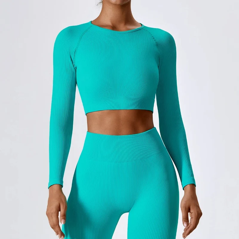 Langarm-Top für Damen, gerippt, Yoga-Shirts, Lauf-T-Shirt, Workout, Laufen, Fitness, Fitnessstudio, Sport-Top, Training, Crop-Top, einfarbig