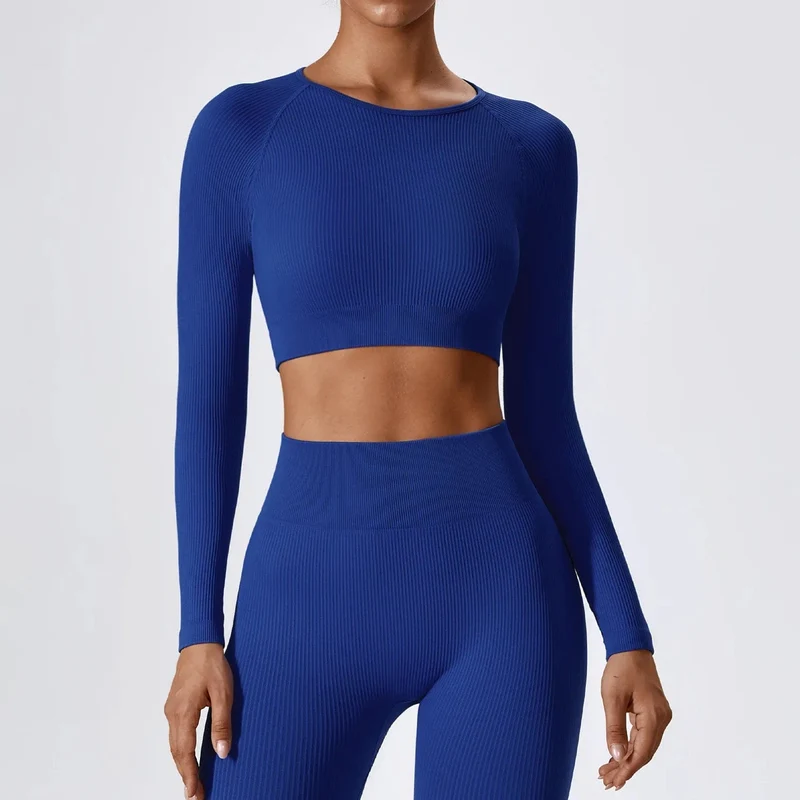 Langarm-Top für Damen, gerippt, Yoga-Shirts, Lauf-T-Shirt, Workout, Laufen, Fitness, Fitnessstudio, Sport-Top, Training, Crop-Top, einfarbig