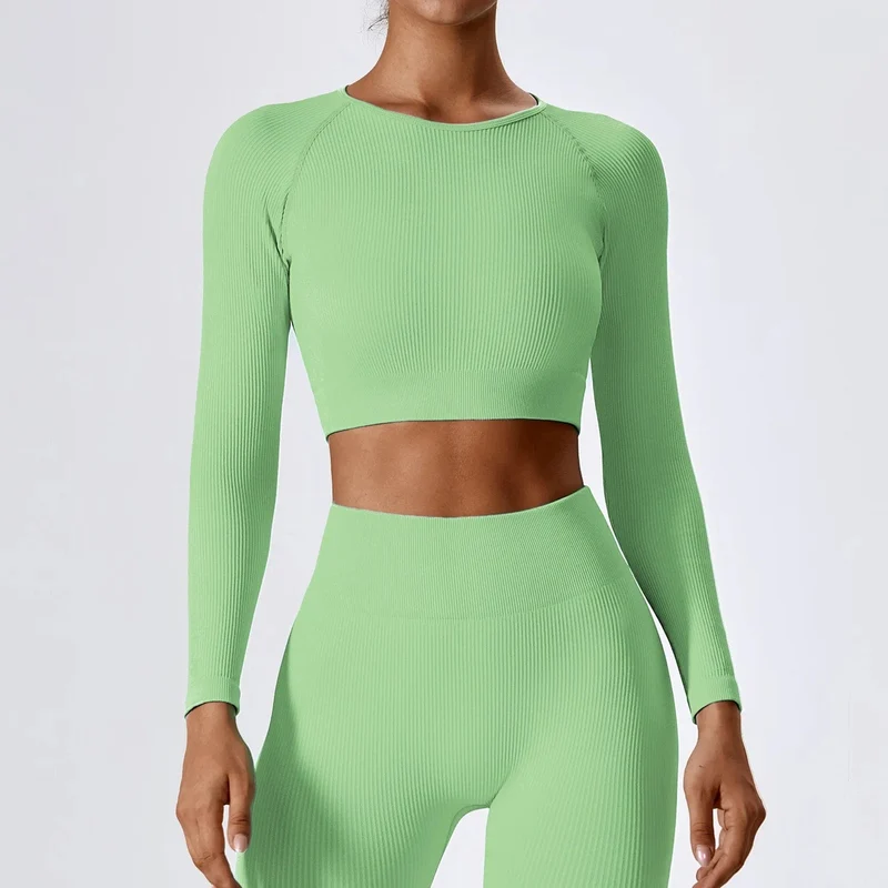 Langarm-Top für Damen, gerippt, Yoga-Shirts, Lauf-T-Shirt, Workout, Laufen, Fitness, Fitnessstudio, Sport-Top, Training, Crop-Top, einfarbig