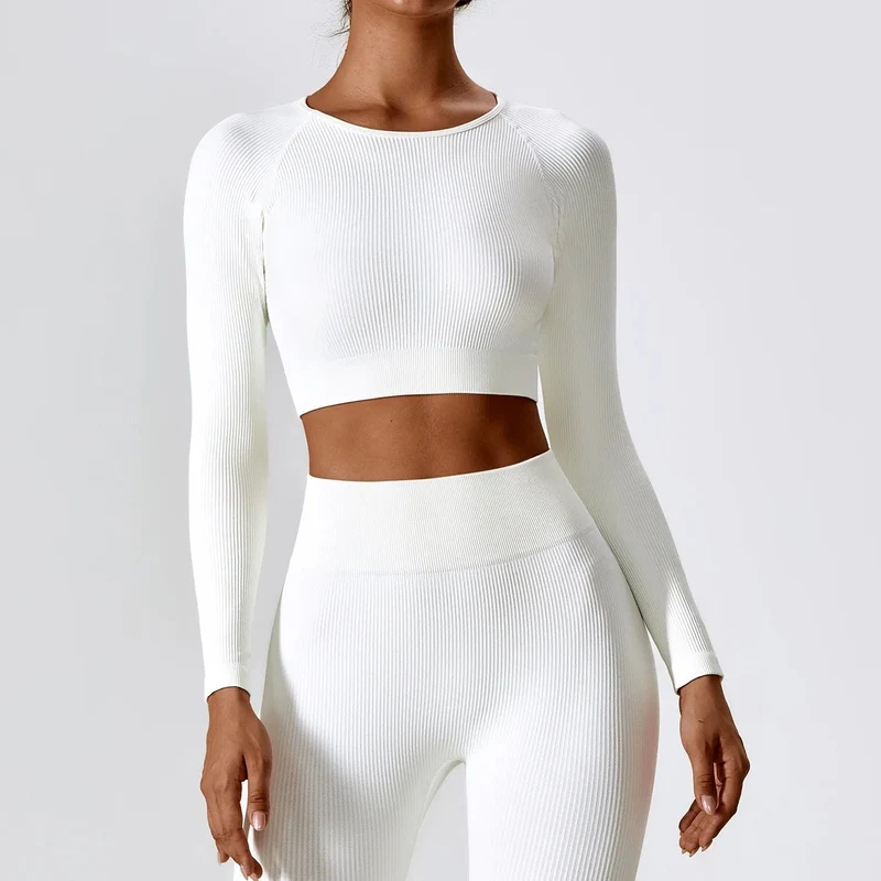 Langarm-Top für Damen, gerippt, Yoga-Shirts, Lauf-T-Shirt, Workout, Laufen, Fitness, Fitnessstudio, Sport-Top, Training, Crop-Top, einfarbig