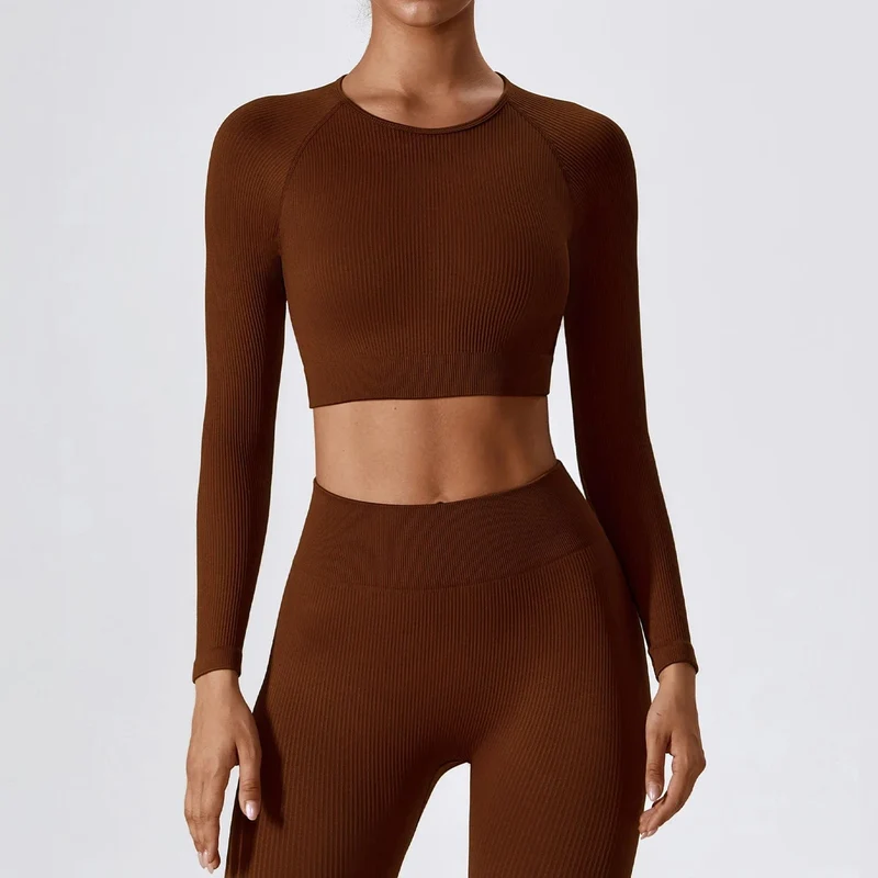 Langarm-Top für Damen, gerippt, Yoga-Shirts, Lauf-T-Shirt, Workout, Laufen, Fitness, Fitnessstudio, Sport-Top, Training, Crop-Top, einfarbig