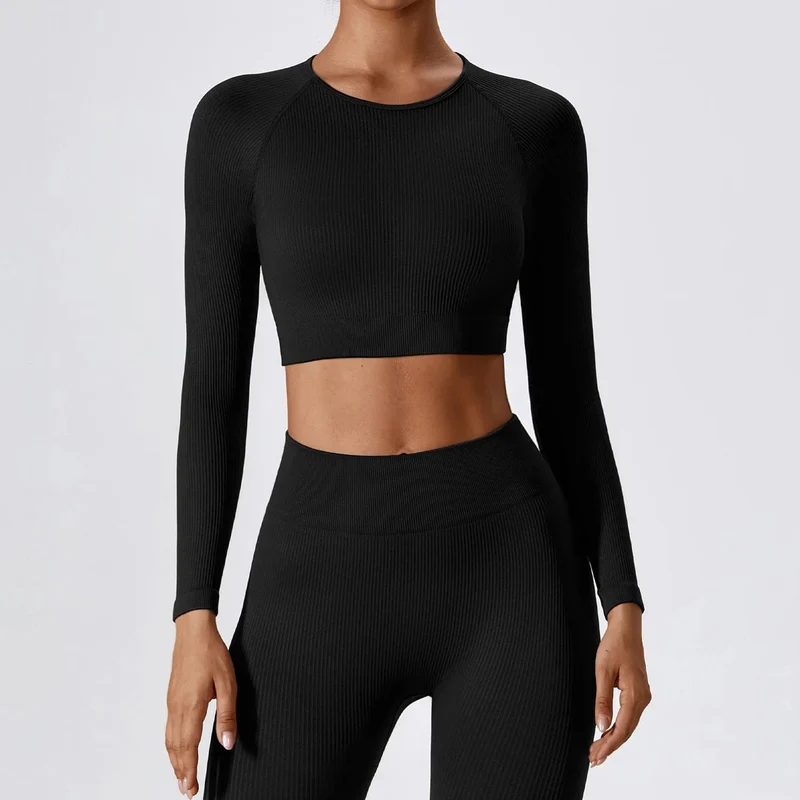 Langarm-Top für Damen, gerippt, Yoga-Shirts, Lauf-T-Shirt, Workout, Laufen, Fitness, Fitnessstudio, Sport-Top, Training, Crop-Top, einfarbig