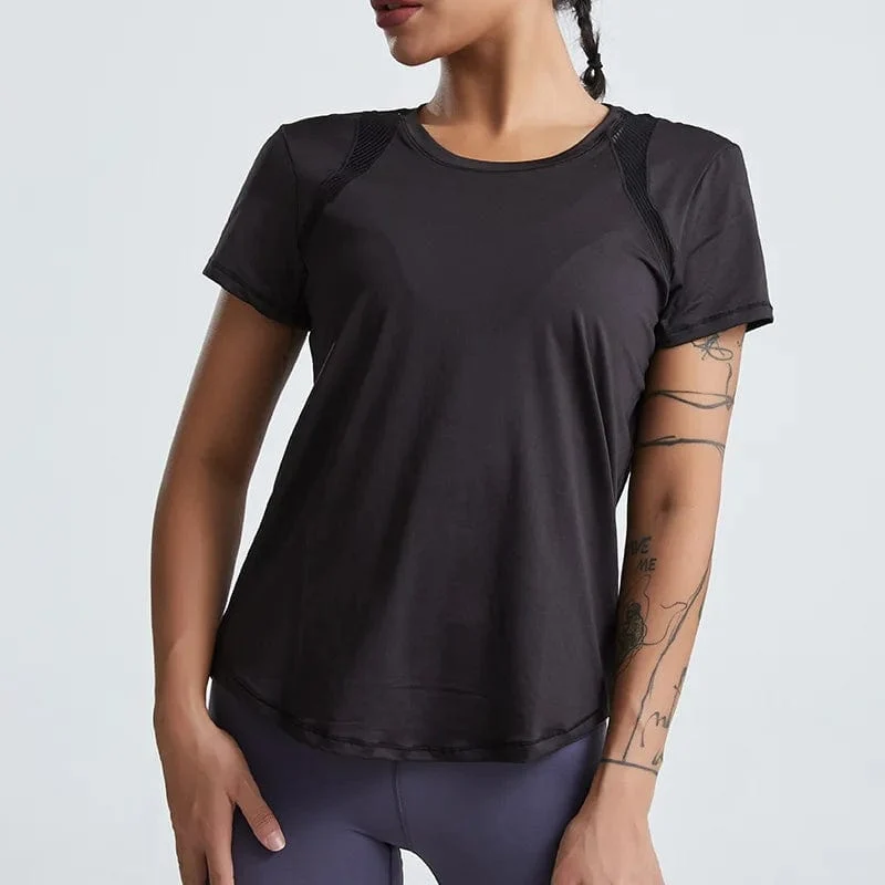 Lose Yoga-Kleidung, Oberteile, kurzärmelig, schnell trocknende Kleidung, T-Shirts, kurze Sport-Hohl-Fitness-Kleidung, Damenblusen