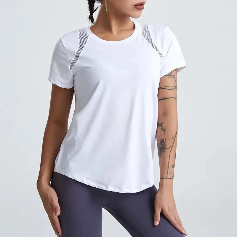 Lose Yoga-Kleidung, Oberteile, kurzärmelig, schnell trocknende Kleidung, T-Shirts, kurze Sport-Hohl-Fitness-Kleidung, Damenblusen